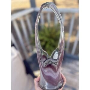 Vintage Beautiful Blown Stretched Art Glass Basket Vase Pink & White‎ 11.5" Tall